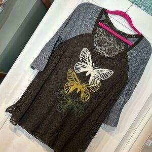 We The Free Embroidered Butterfly on Lace T-Shirt Top-Large